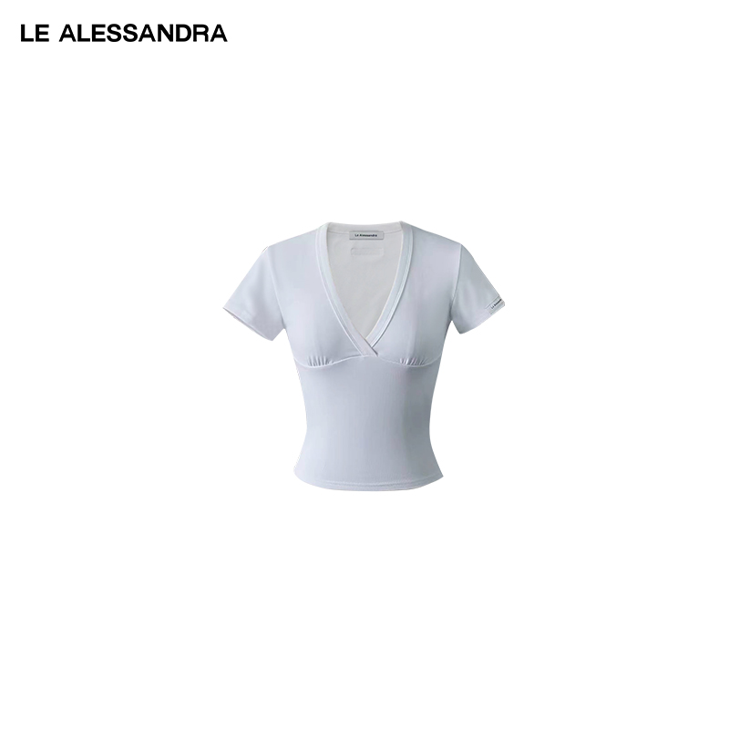 品牌直营 LE ALESSANDRA V领捏褶修身弹力短袖T恤