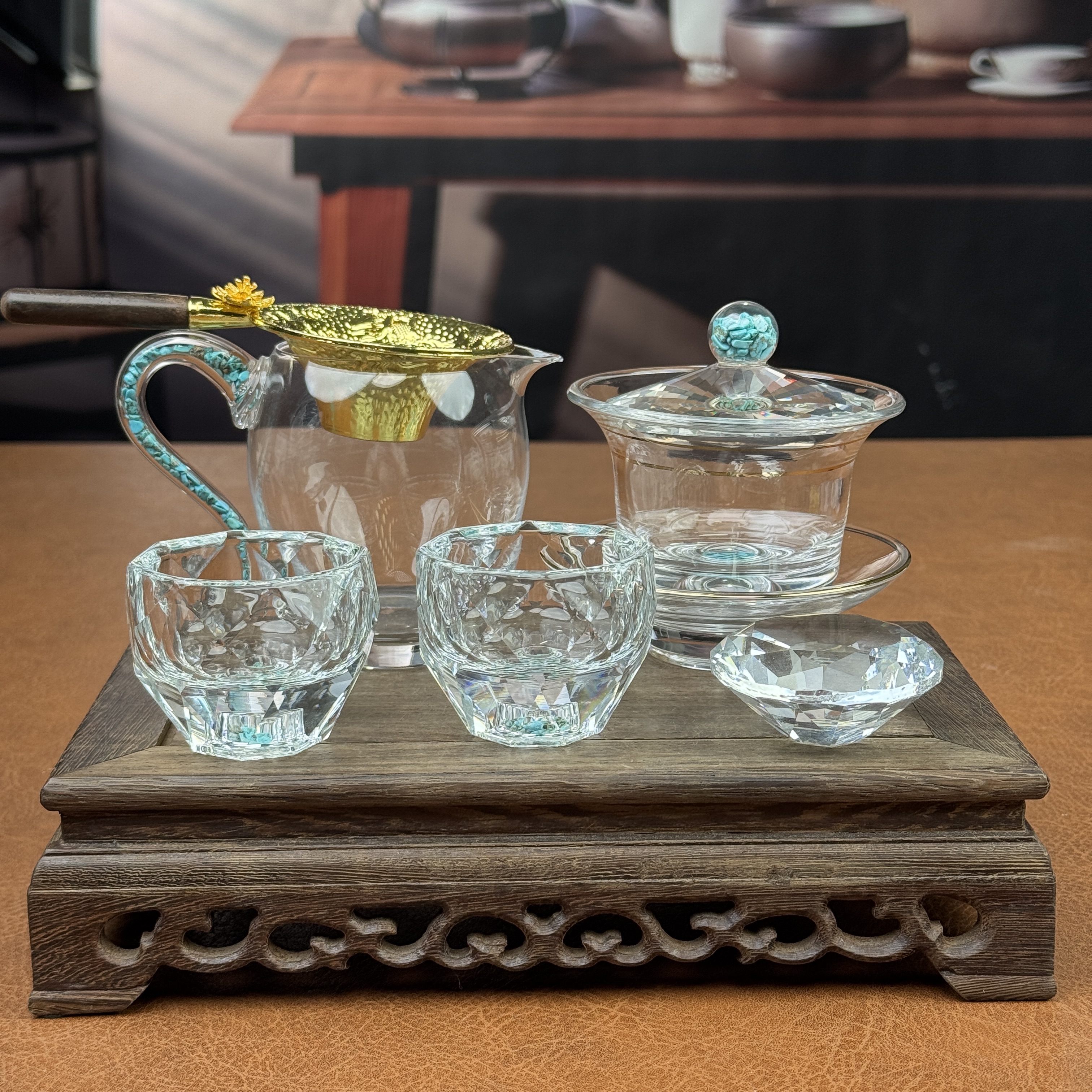 水晶绿 松石盖碗＋两个主人杯+绿松石公道+盖置+金茶漏ZH170