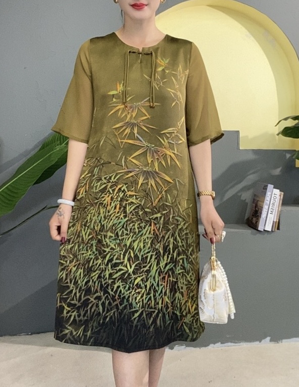 夏季新款竹报平安新中式提花显瘦气质中长款连衣裙