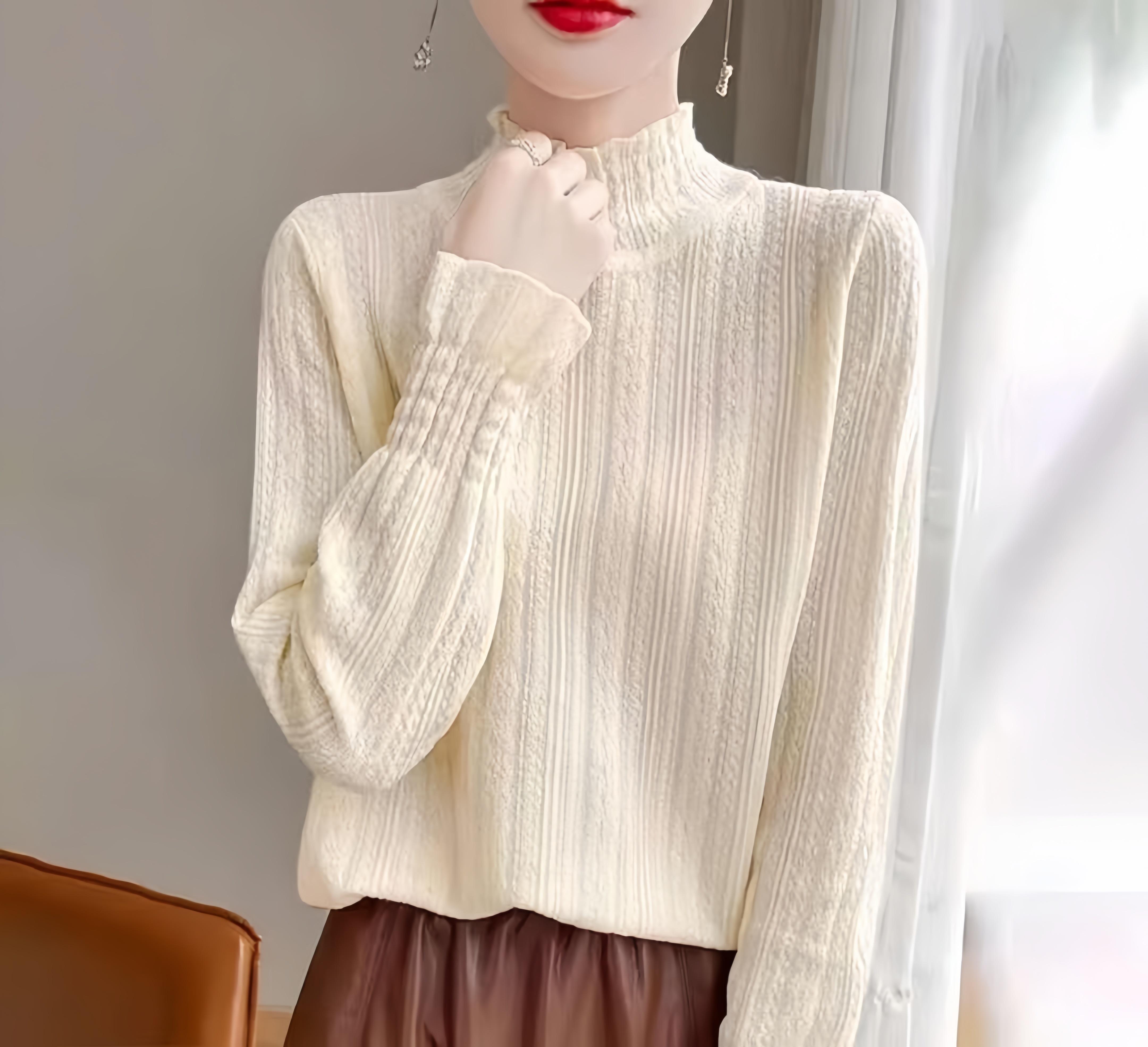 新款秋冬法式设计提花波浪领镂空针织半高领长袖打底衫W306