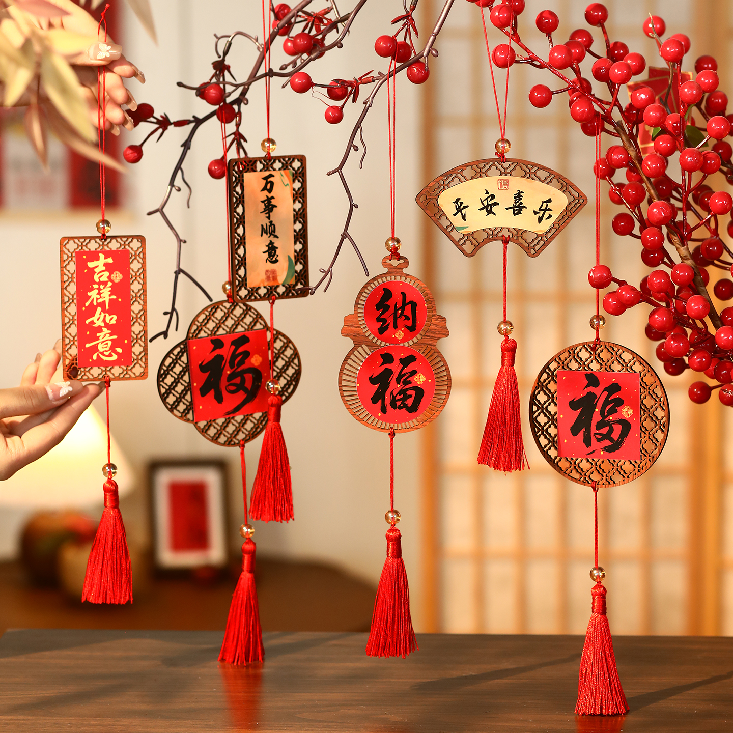 2026马年新年福字挂饰盆景绿植木质挂件过年氛围春节布置室外装饰