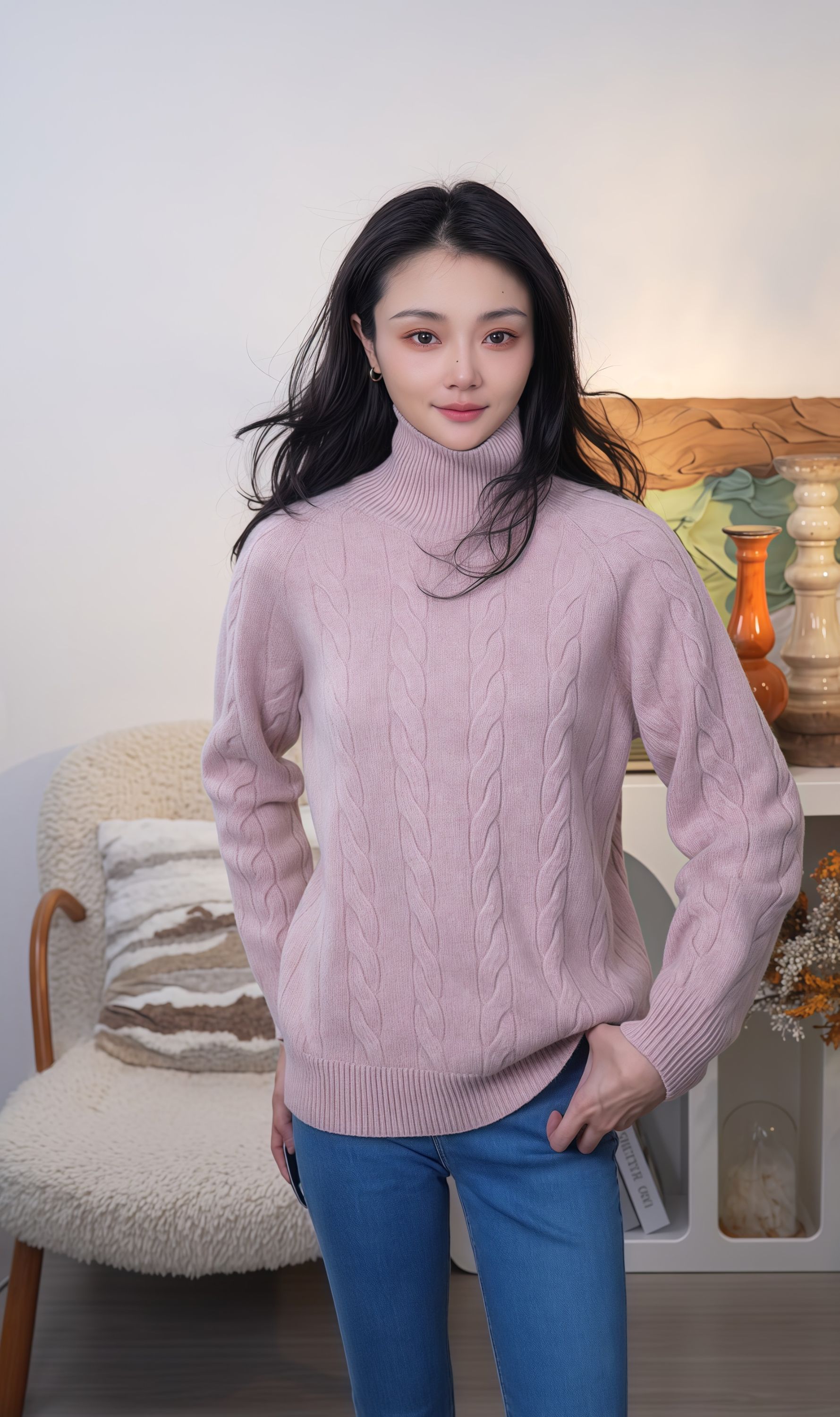 高领花织加厚100%baby山羊绒套头衫 800025919-01