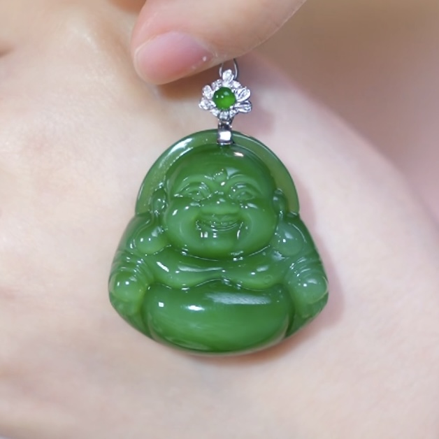 【芒心珠宝】天然和田玉18K金镶嵌碧玉35mm佛公吊坠