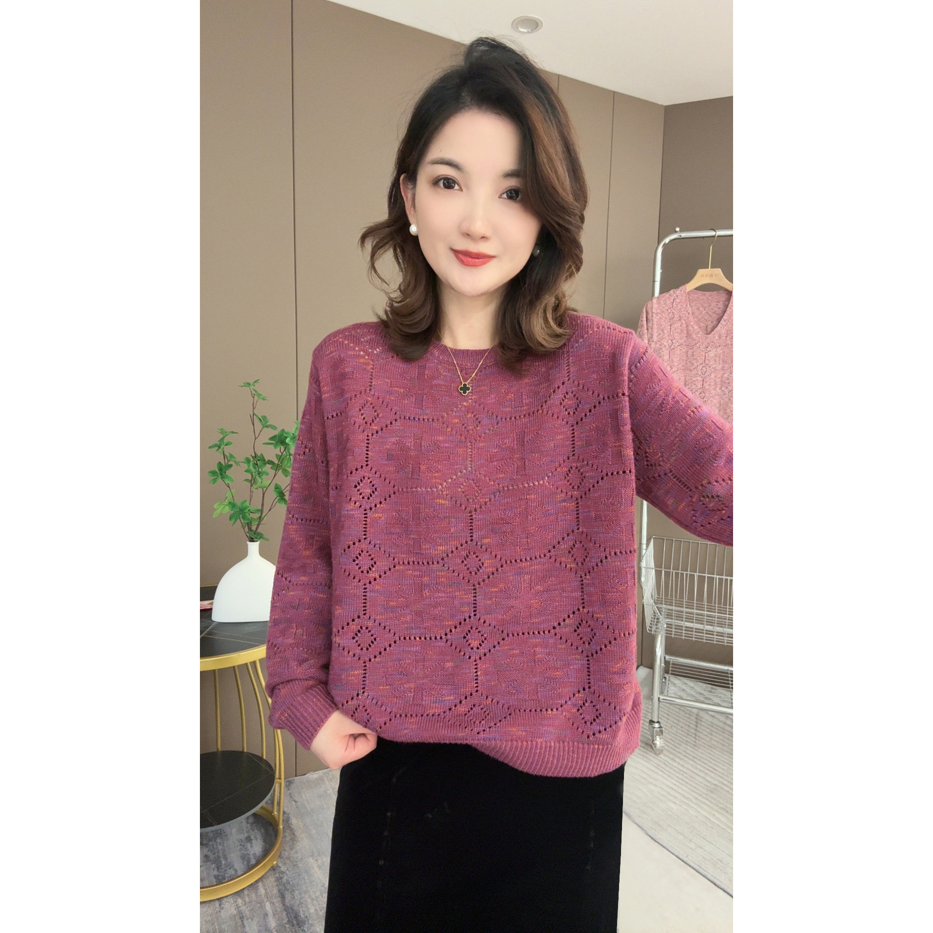 【七彩-棉纱线】2025年秋冬新款女装韩版宽松圆领套头长袖针织衫