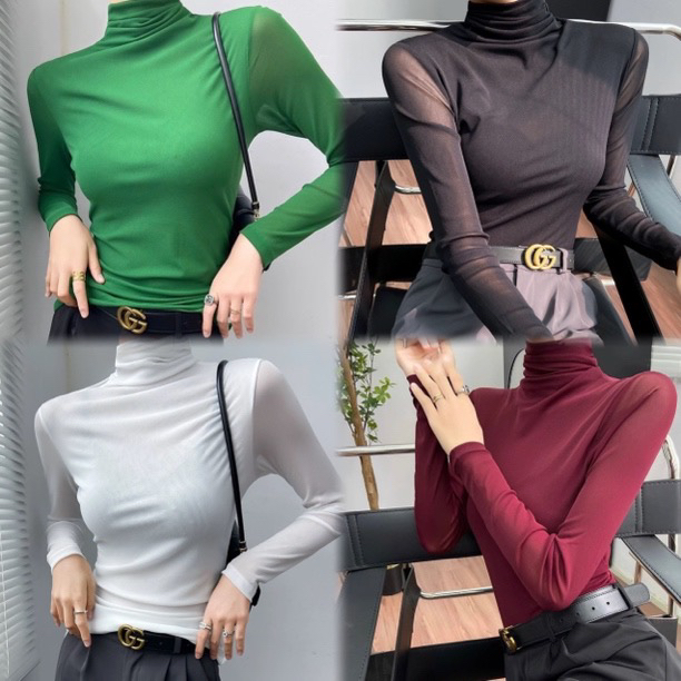 【968】【高领】高级感时尚高领网纱弹力长袖T恤女装上衣