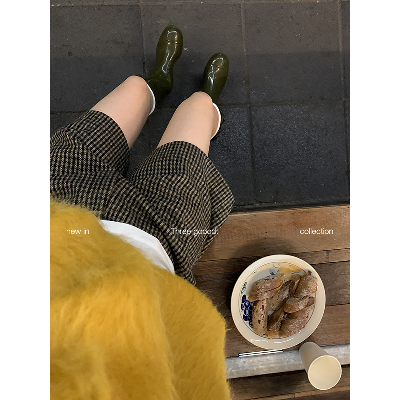 THREE GOOOD/三吉 50羊毛千鸟格格纹厚款毛呢直筒中裤Y725N17253