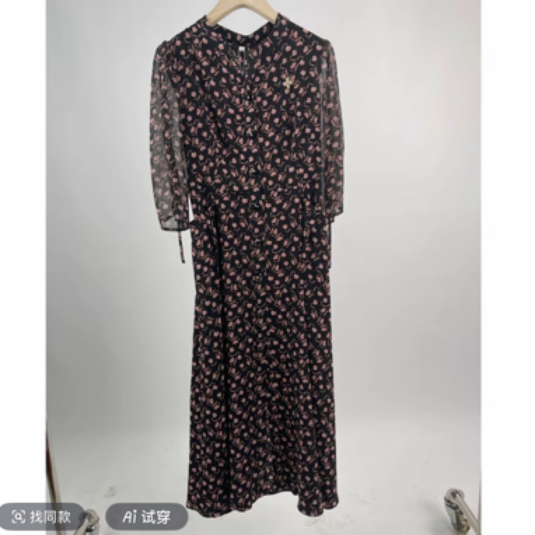 【H21黑花时尚百搭休闲2025新款洋气款中长款连衣裙女