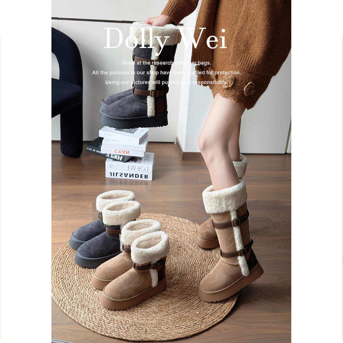 【Dolly Wei】高筒栗色厚底长筒雪地靴女加绒加厚中筒雪地靴棉鞋女