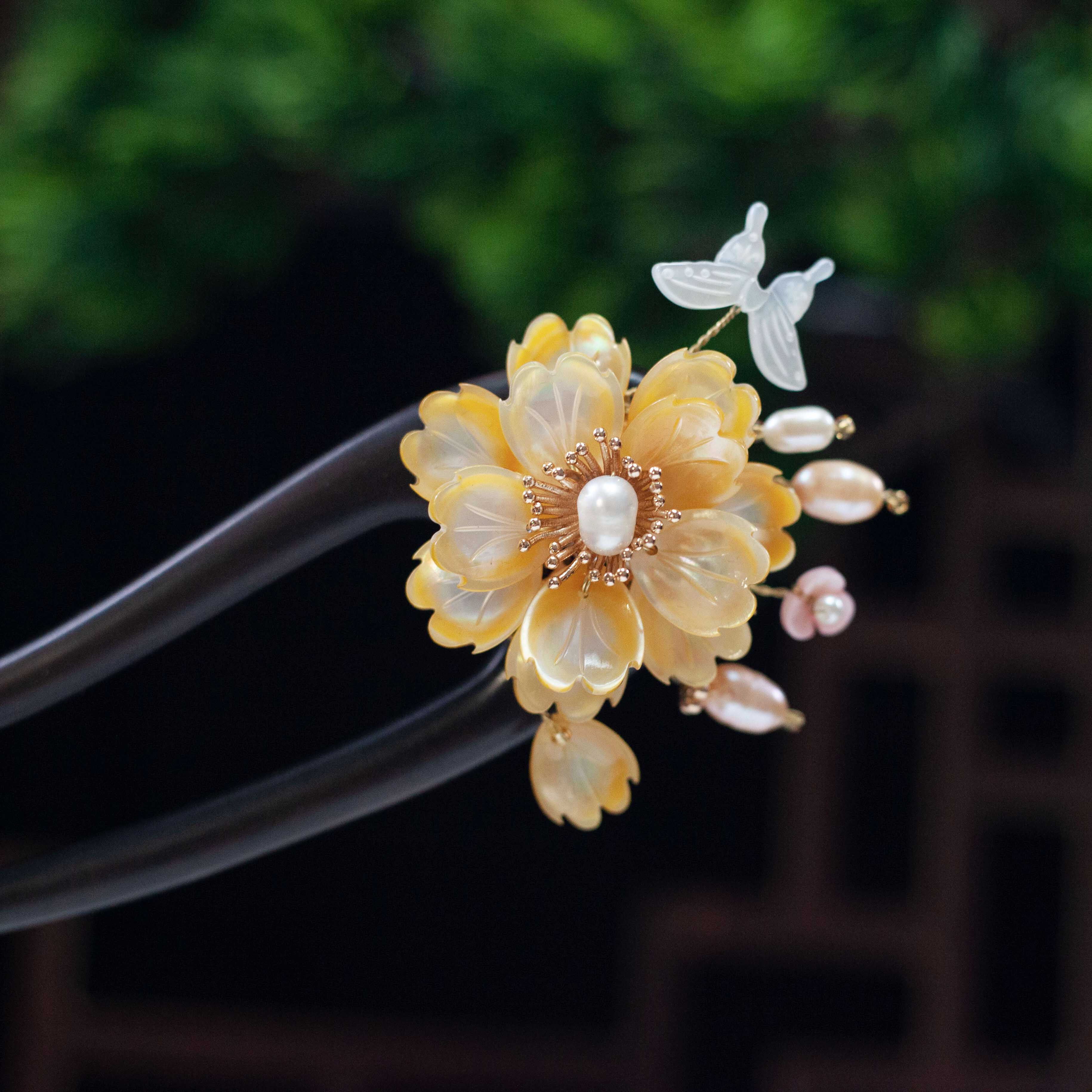 纯手工黑檀木发簪天然碟贝轻奢旗袍头饰发饰气质中式礼品古风步摇