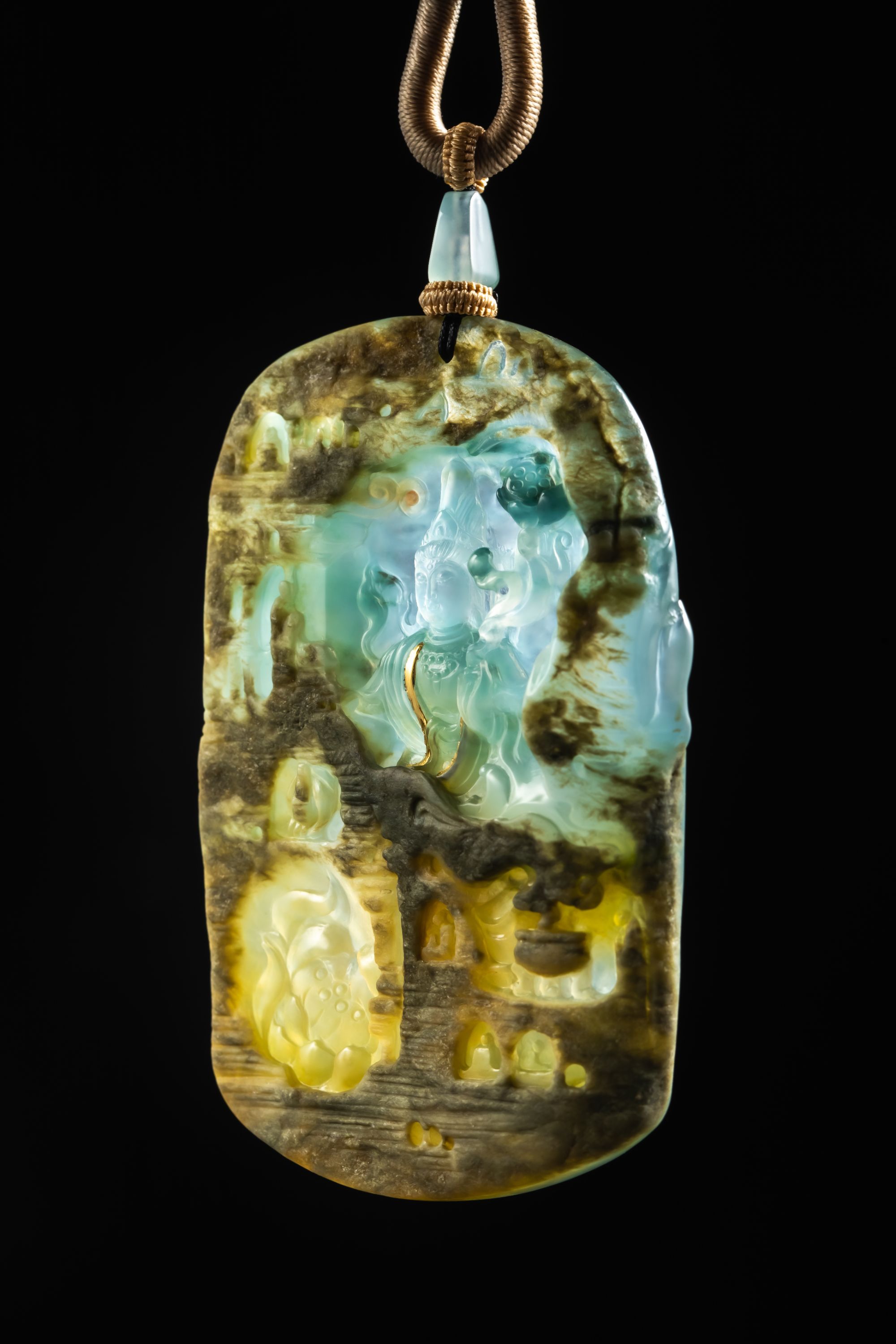 天然翡翠带皮雕刻【山水观音】【售前售后请联系客服】