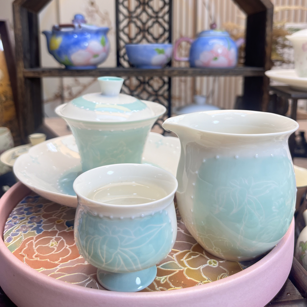 玫瑰釉下彩功夫茶具茶杯盖碗青瓷瓷盖碗陶瓷套组小清新（不含茶盘