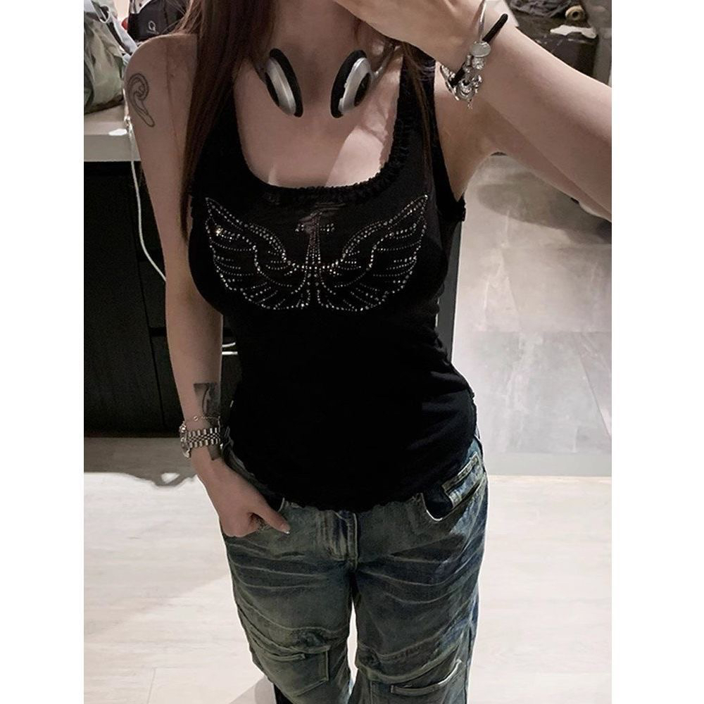 多巴胺泰式烫钻木耳边吊带背心女夏季新款可爱显瘦上衣通勤网红