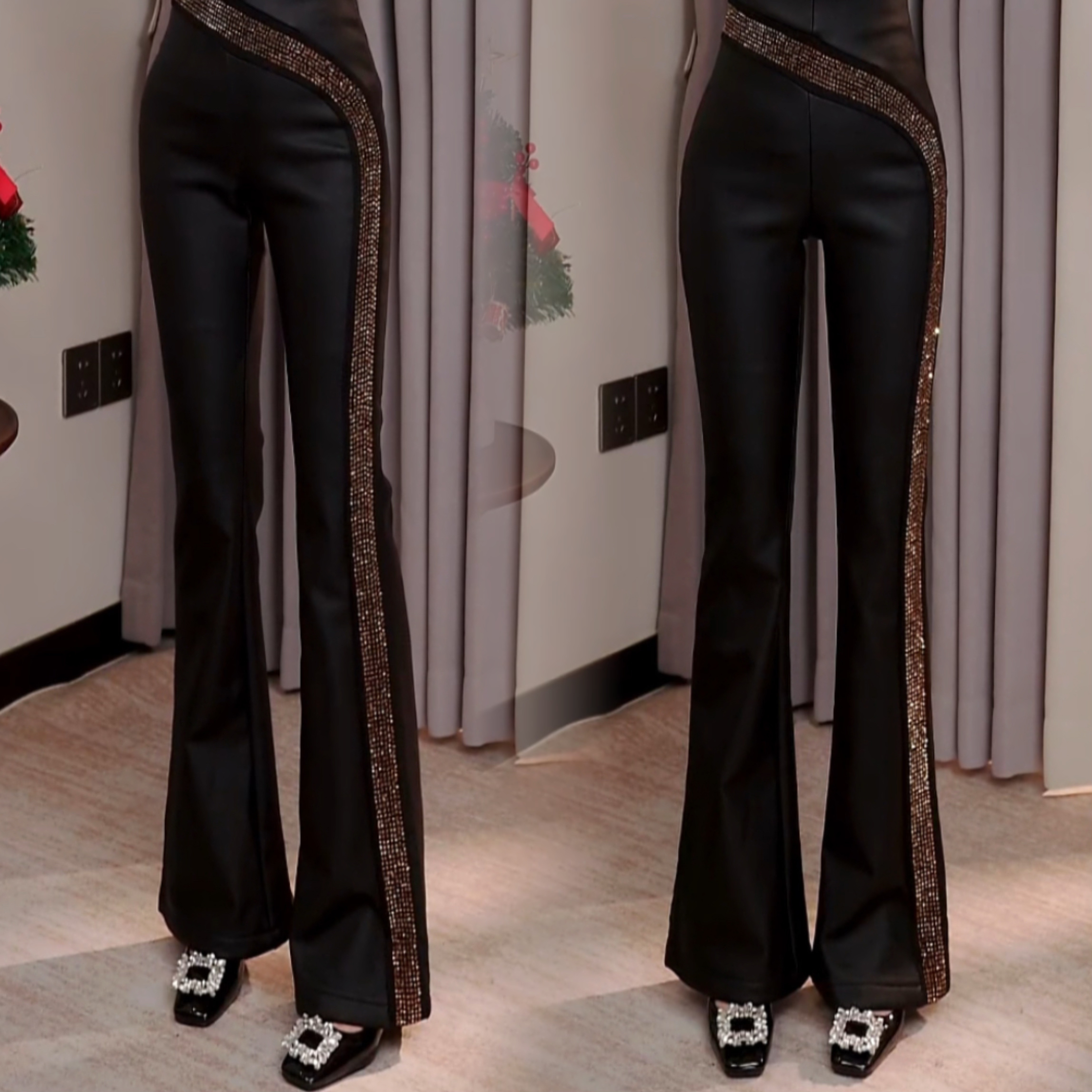 冬季加绒涂层皮喇叭裤高腰显瘦重工侧腿烫钻皮裤