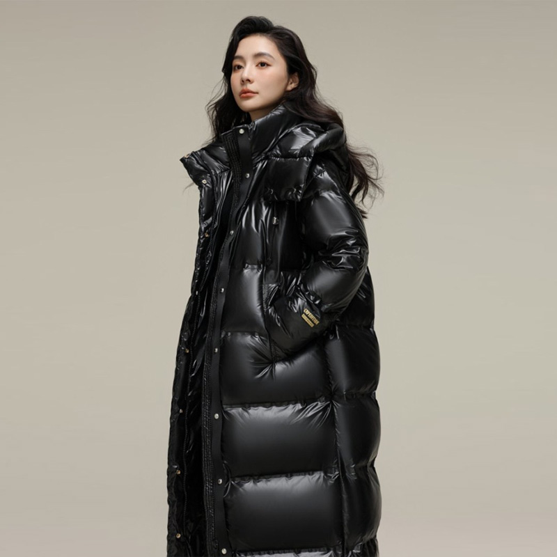 女装时尚大气撞色保暖连帽蓬松宽松中长款90鸭绒羽绒服N01Y44015