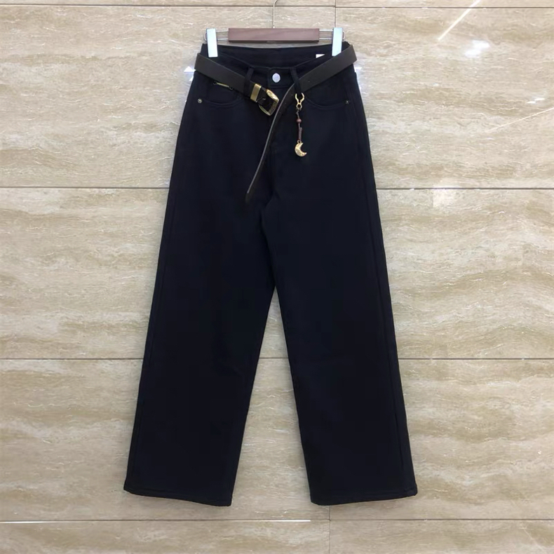 【萍姐】欧版F81587-6设计感金属月牙挂件直筒宽松加绒加厚牛仔裤