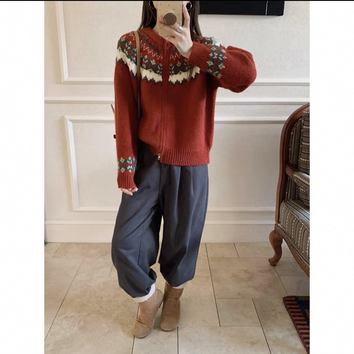 费尔岛提花圆领拉链毛衣外套女秋冬季韩系显瘦百搭针织开衫