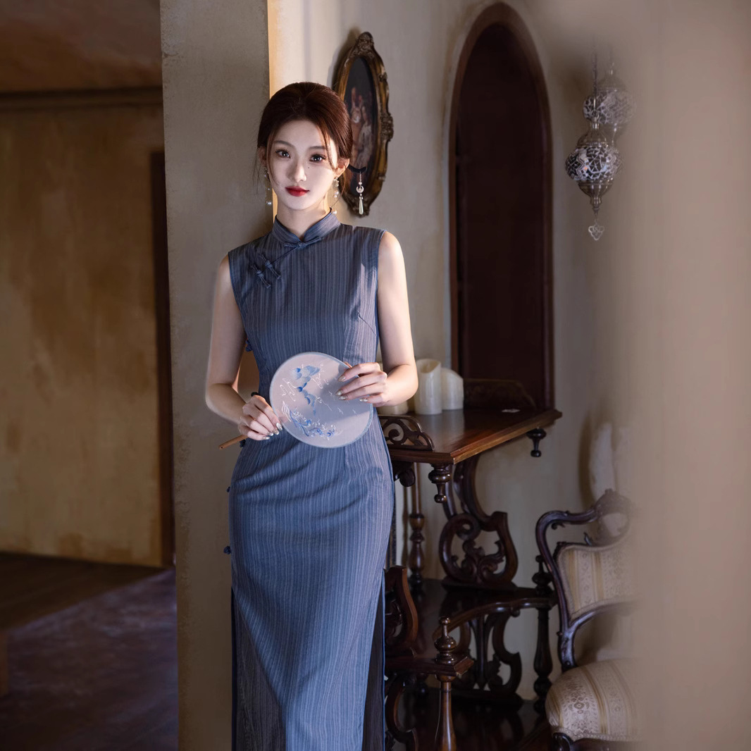 【韶华】蓝色复古无袖旗袍2025年新款日常可穿改良新中式连衣裙
