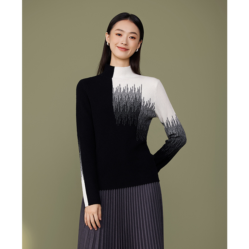 黛玛诗秋冬新款时尚高领撞色毛衣内搭柔软舒适修身羊绒套头衫女