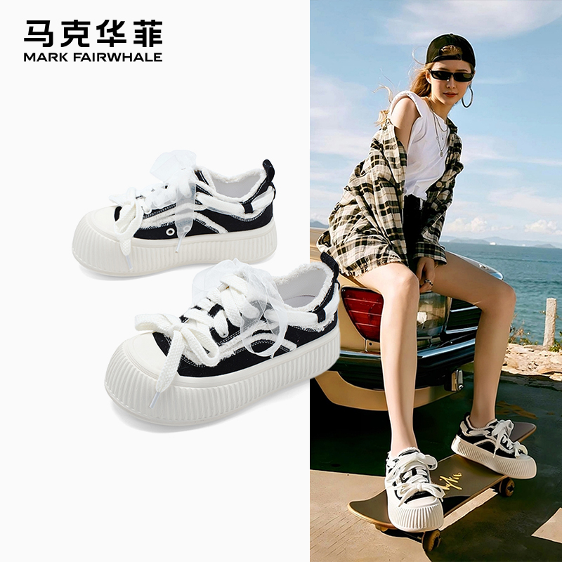 马克华菲女鞋2025春季新款蕾丝饼干增高休闲鞋时尚鞋子平底板鞋女