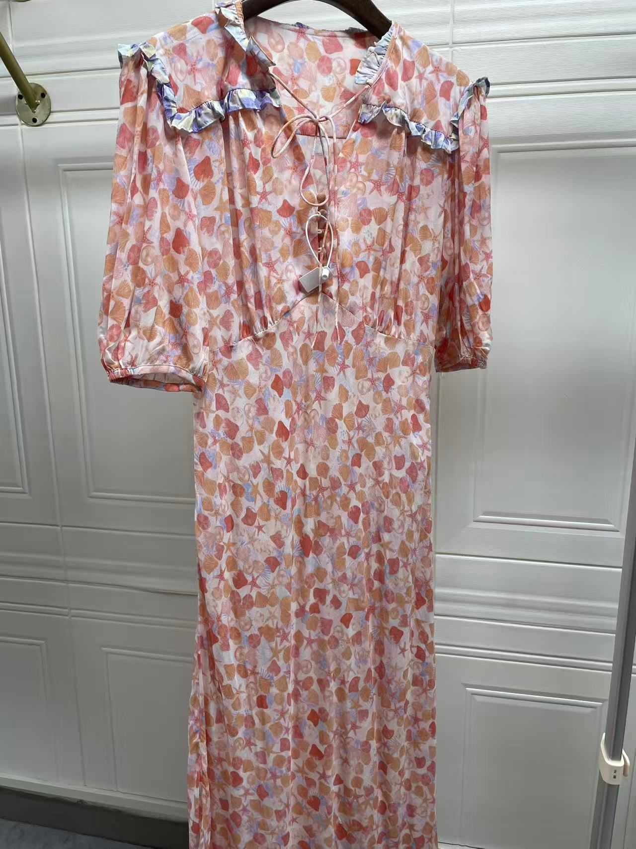 法式优雅春夏少女感粉色娃娃领拼接 人棉泡泡袖收腰连衣裙长裙-40