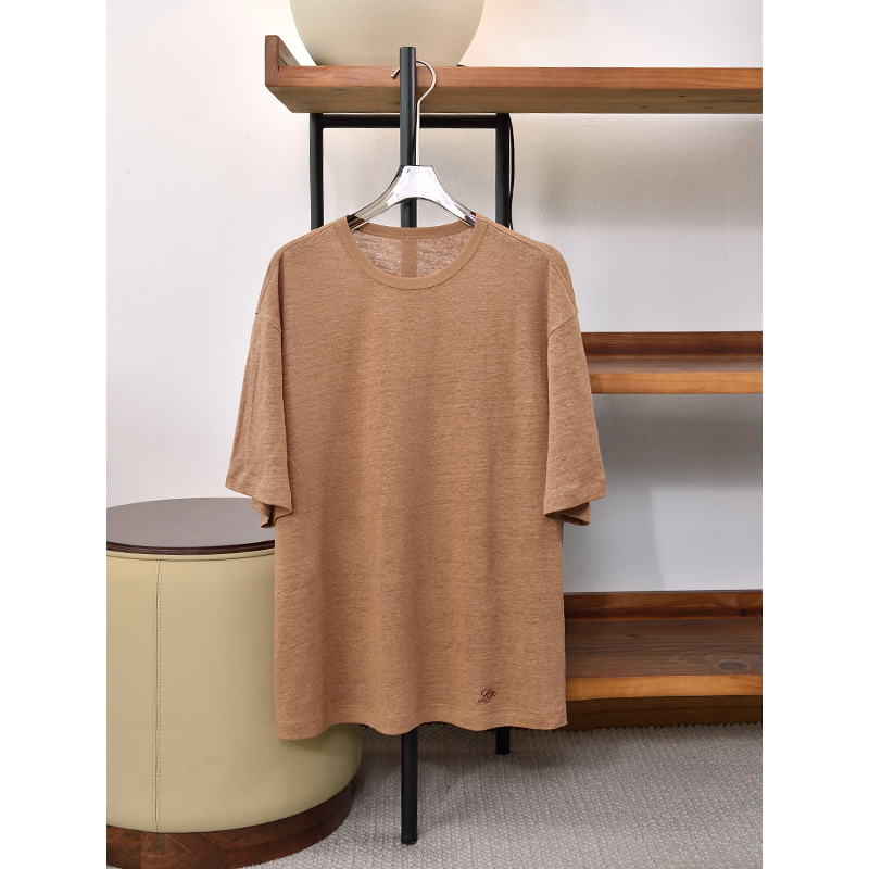 春夏新品 松弛垂顺纯亚麻宽松落肩袖针织圆领短袖T恤