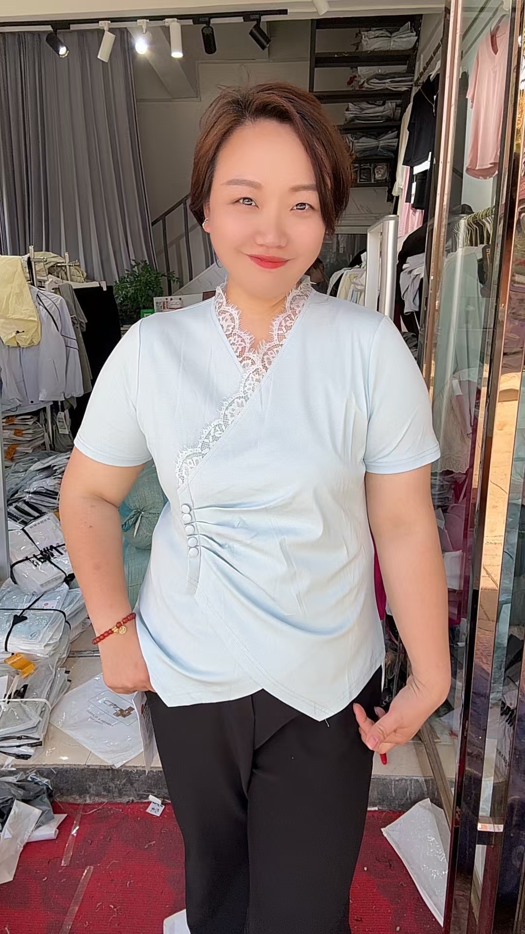 夏季V领蕾丝花边套头修身显瘦不规则短袖25027