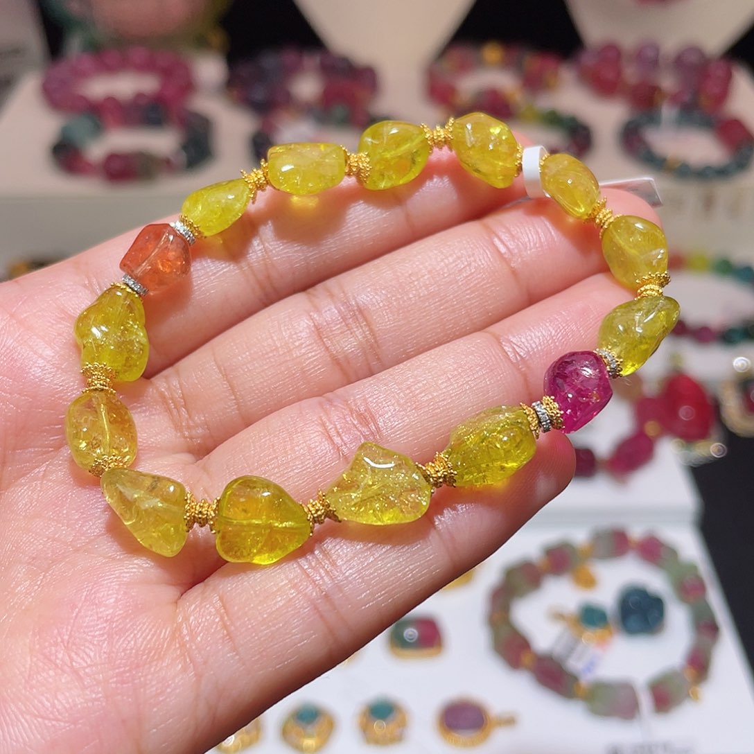 手链18K金镶嵌碧玺 金丝雀原石