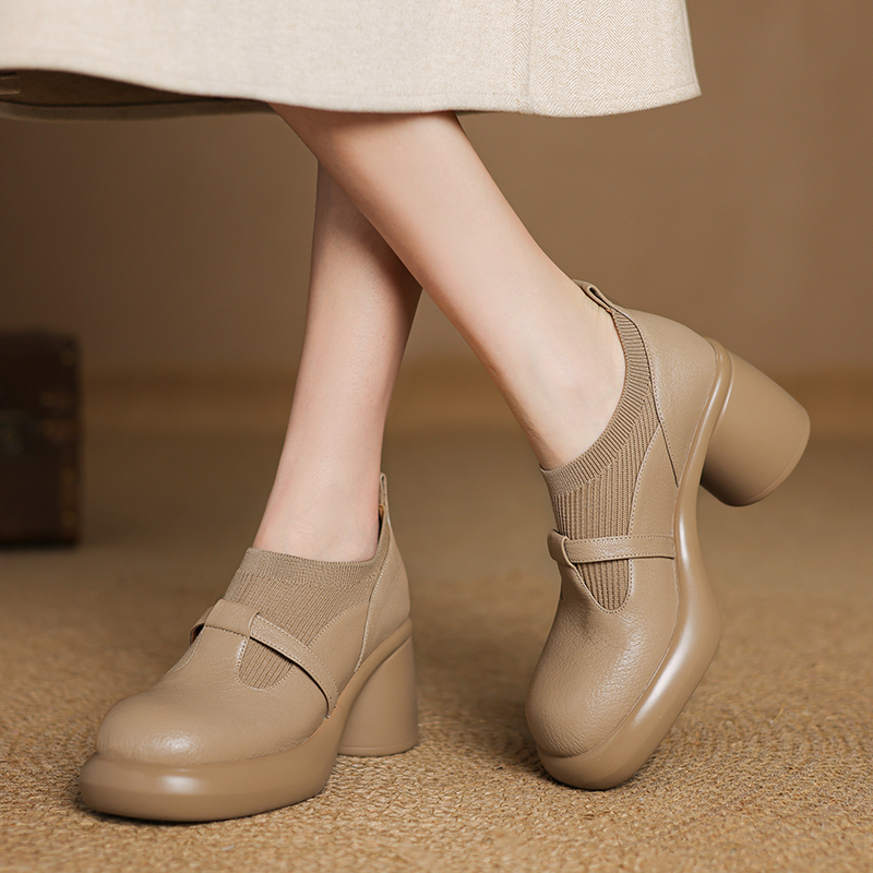 7cm羊皮法式裸色高跟鞋厚底小皮鞋女真皮粗跟高跟松紧懒人单鞋女