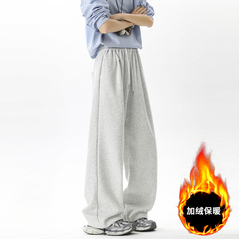 2025秋冬重磅加绒运动卫裤男生潮牌宽松阔腿纯色加厚百搭休闲裤男
