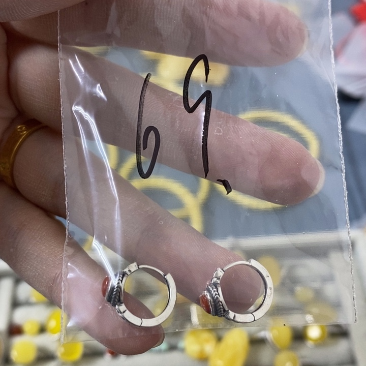 蜜蜡裸石银S925镀金镶嵌耳扣