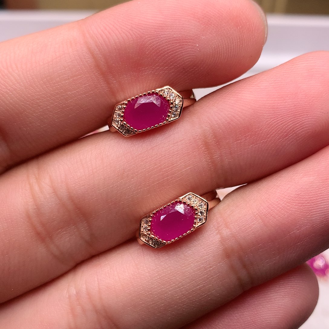 红宝石耳饰银S925镶嵌