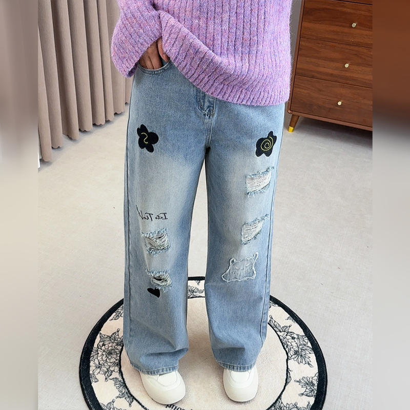 【霏霏专属】胖mm大码女装显示时尚卡通破洞休闲牛仔裤-YC305 