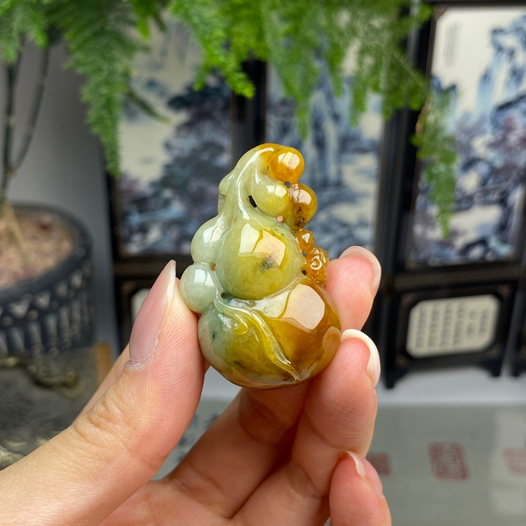 红黄翡飘花葫芦福禄挂件 天然翡翠A货