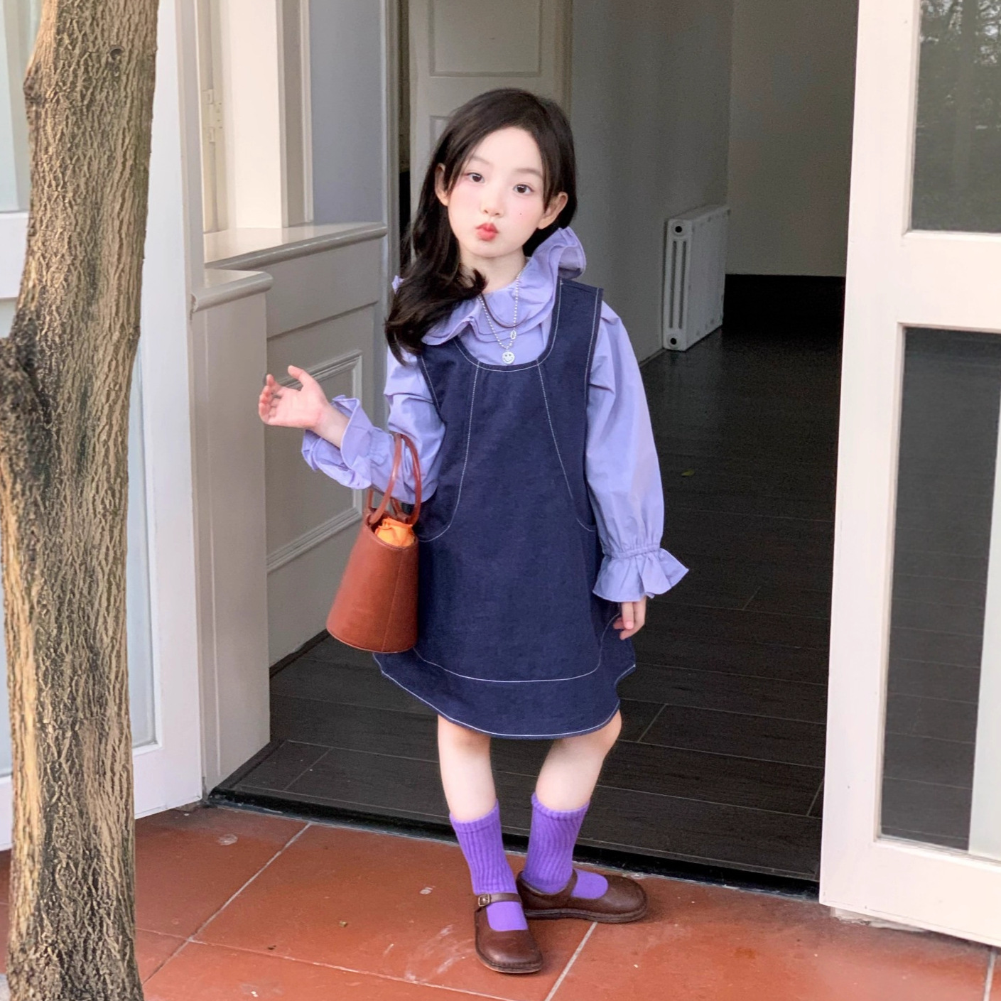 大橙子Studio女童2025秋季款韩版紫罗兰背心裙花边衬衫牛仔裙套装