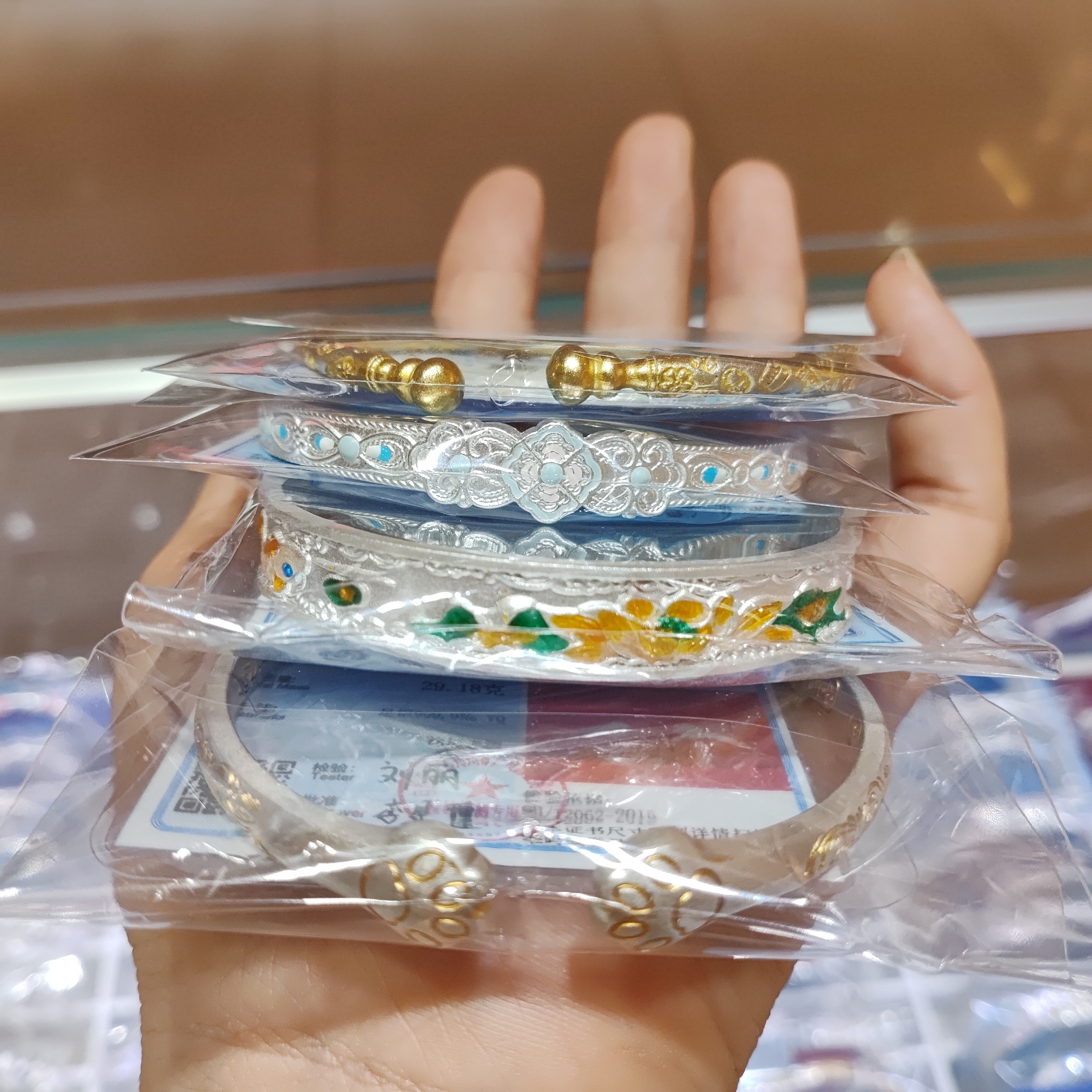 足银手镯 足银手镯开口珐琅彩图案