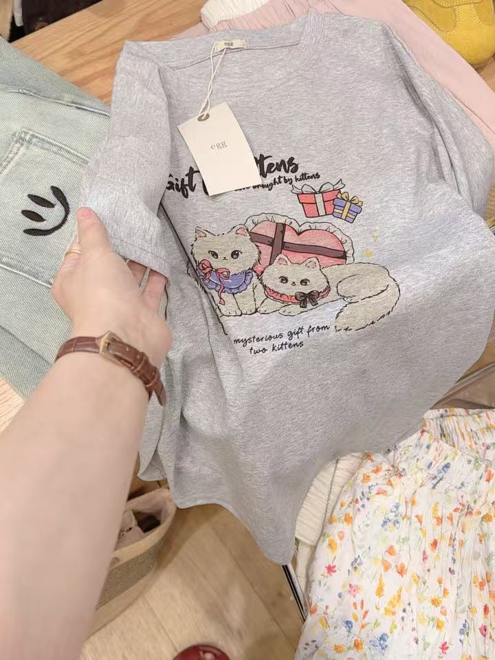 七言家韩单！外贸egg礼物猫雪花棉柔软短袖