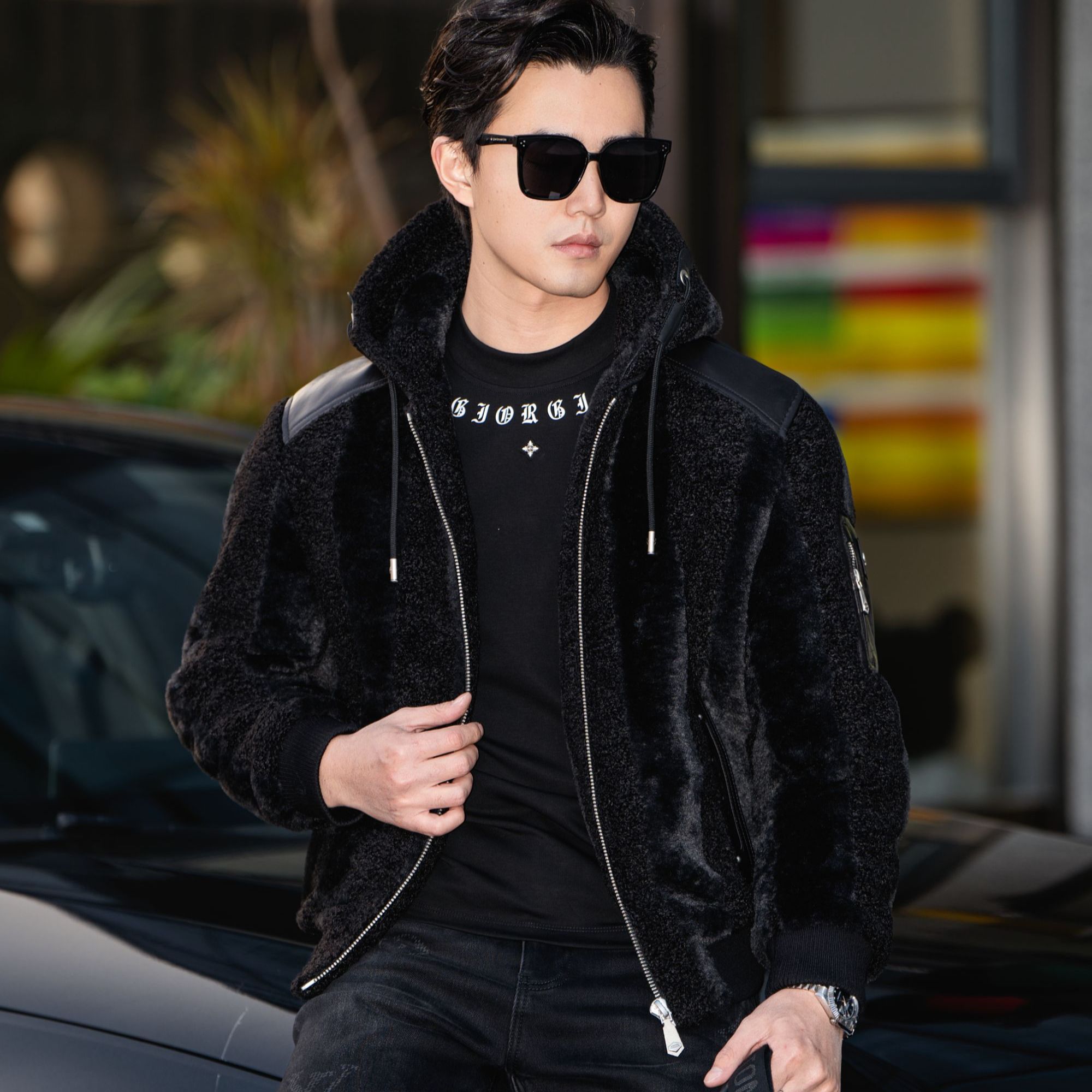 AipuDongni/艾普东尼新款轻奢拼接羊皮连帽夹克保暖羽绒外套