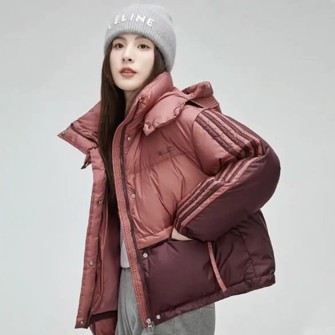 A66#鸭家同款羽绒服韩版撞色拼接女短款连帽加厚休闲面包外套