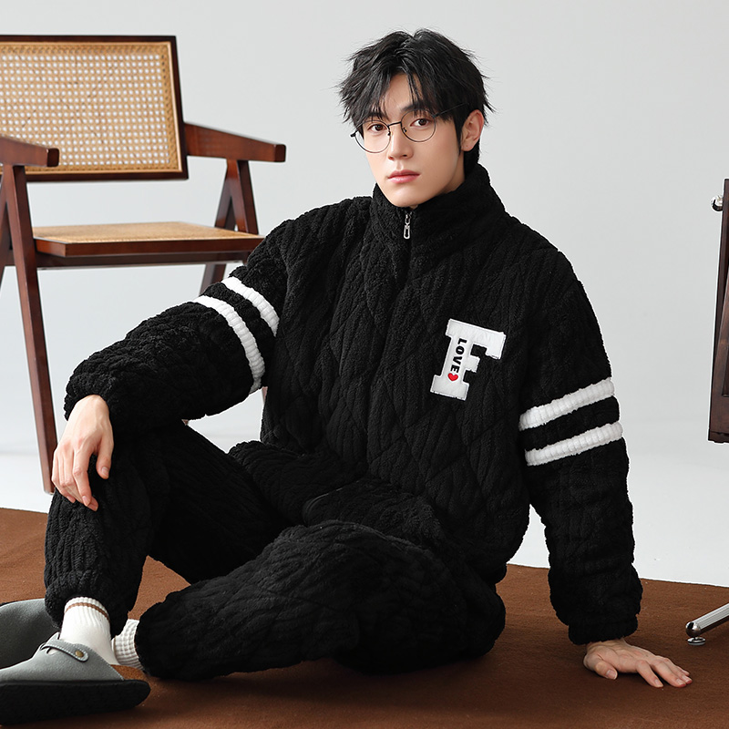 睡衣男士冬加绒加厚三层夹棉珊瑚绒2024年新款大码冬天家居服套装