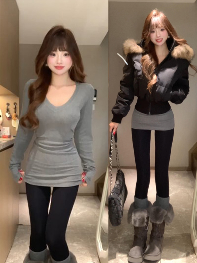 秋冬新款磨毛遮臀中长款内搭打底掐腰修身芭比裤打底衫女内搭