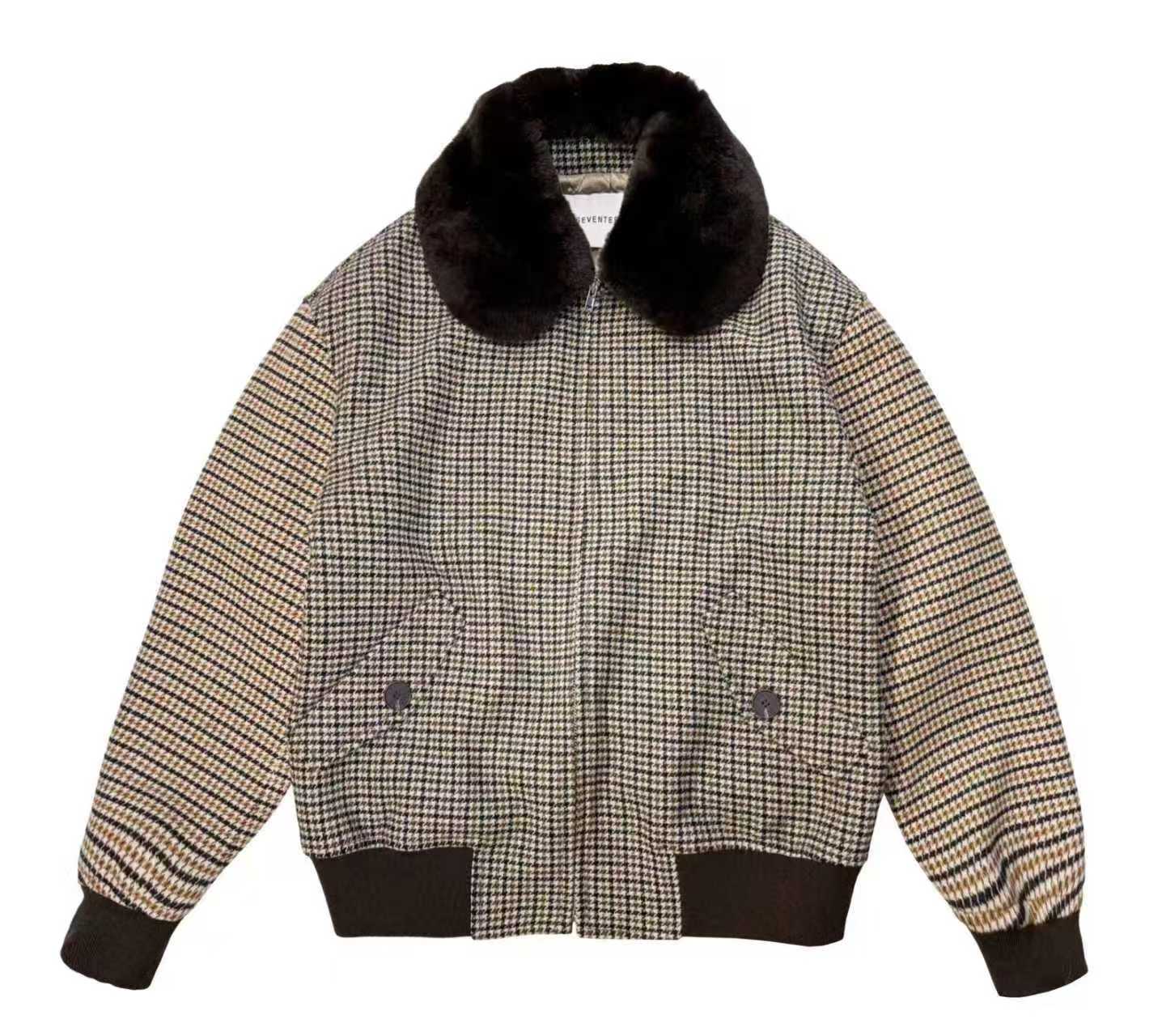 Y/SEVENTEEN 以十七毛领夹棉呢外套棕格纹