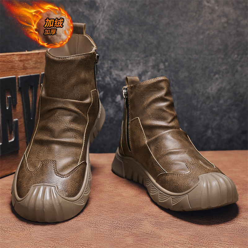 马丁靴男鞋秋季复古英伦休闲中帮皮鞋黑色机车侧拉链高帮工装皮靴