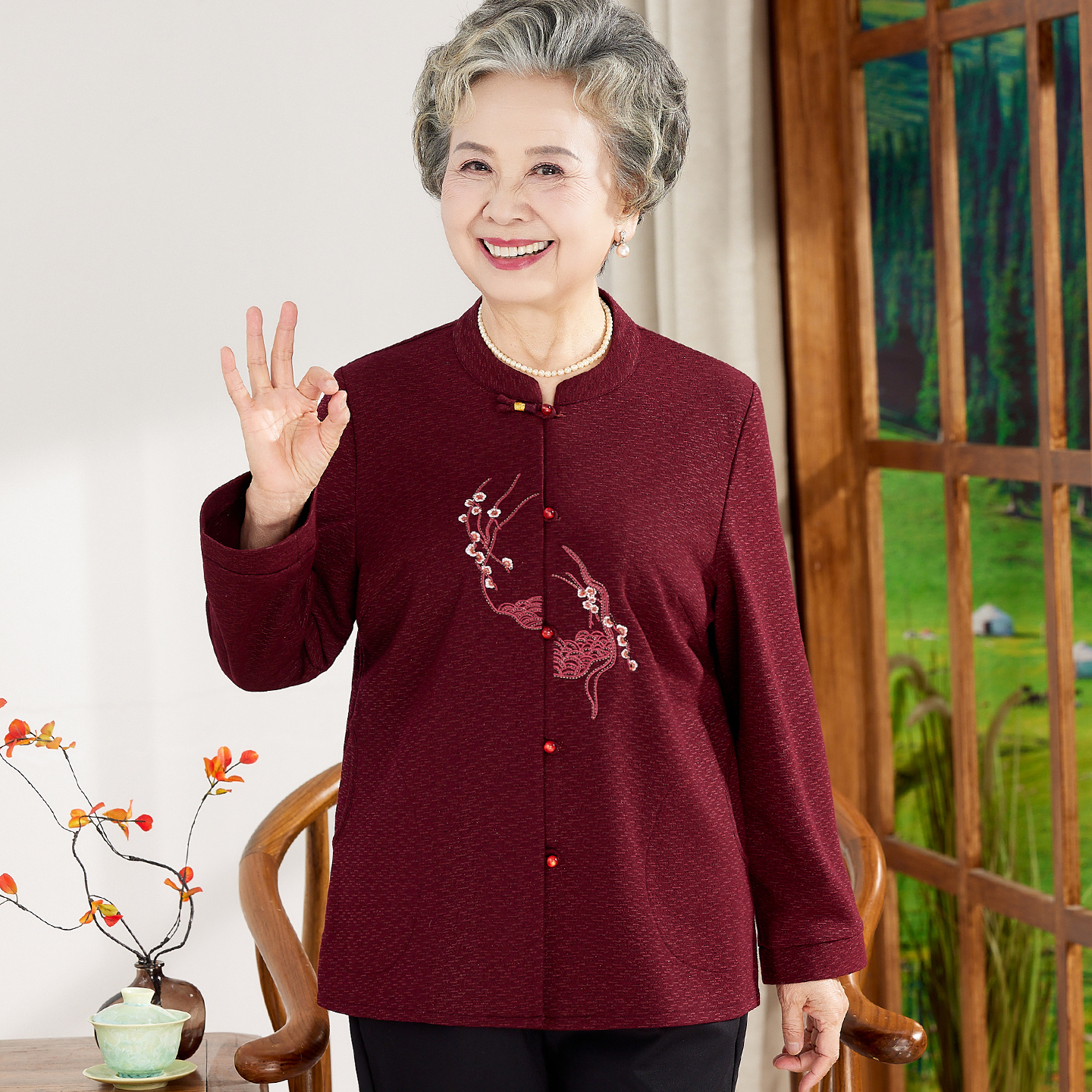 富太太秋装羊毛衬衫上衣老年人妈妈春秋天长袖唐装薄外套奶奶衣服