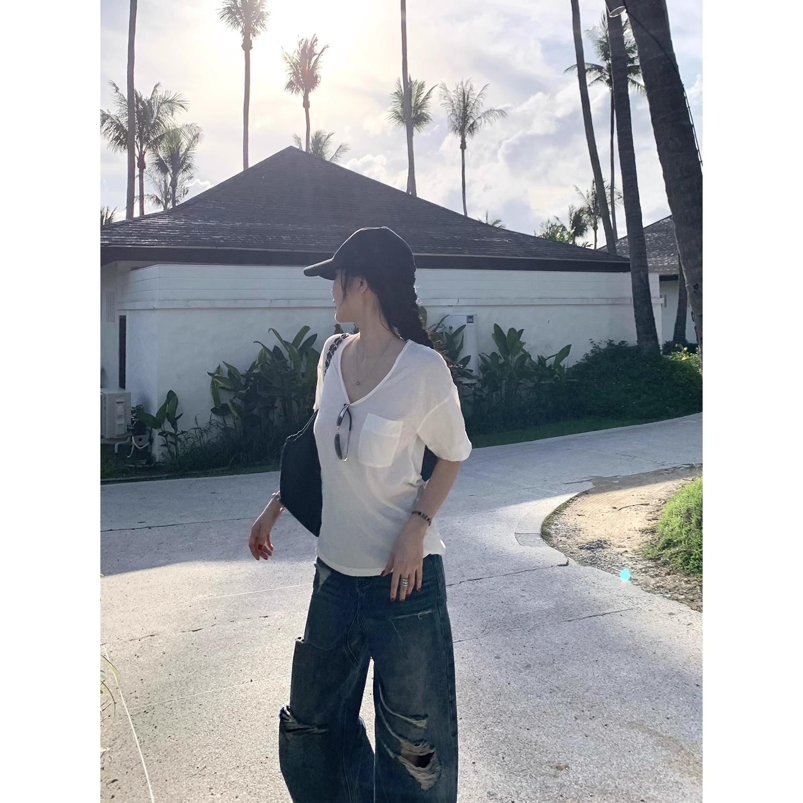  不冷BULENG 松弛毛边领T恤女短袖宽松上衣