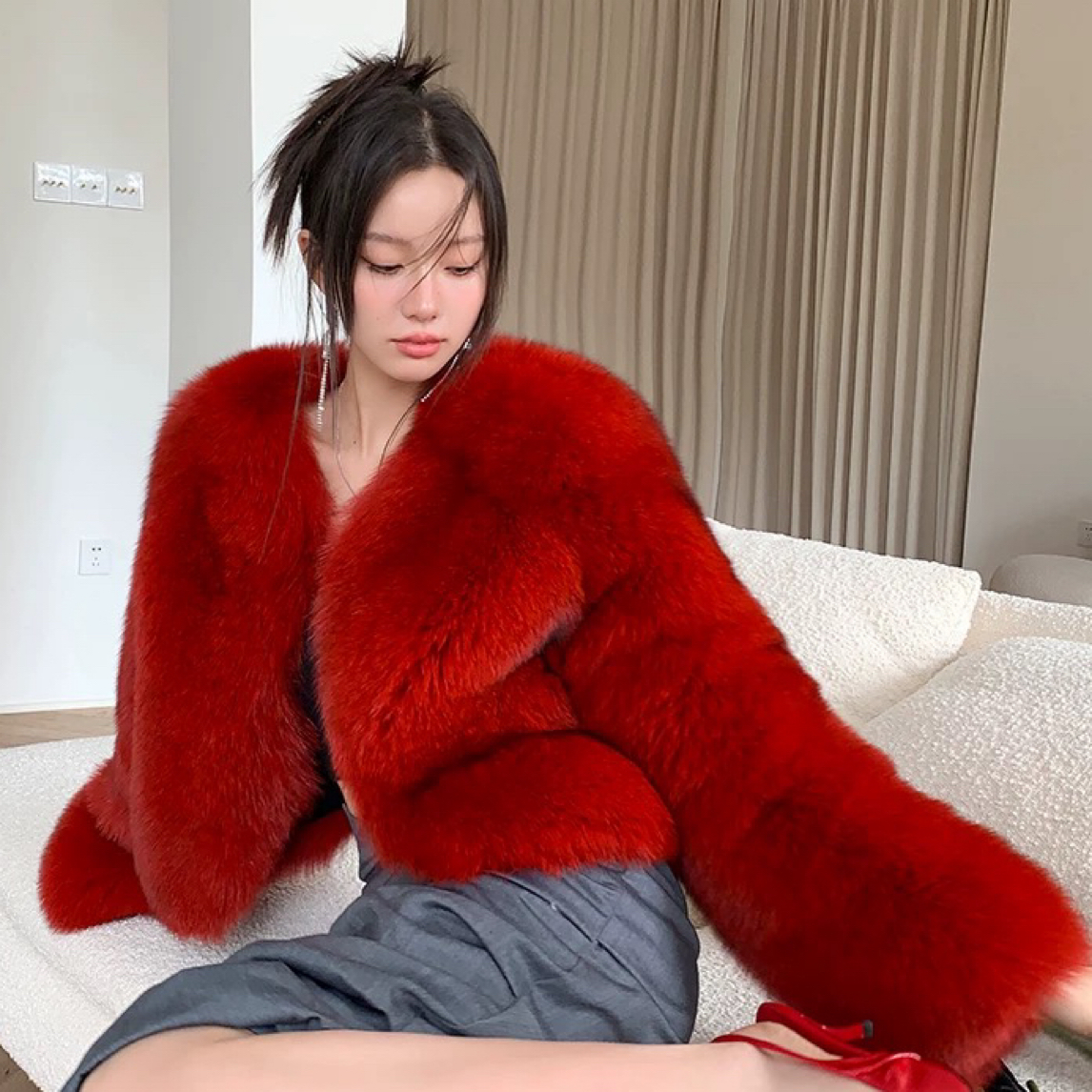 整皮狐狸毛皮草外套女超短款韩版网红高腰小个子年轻款大衣2025冬