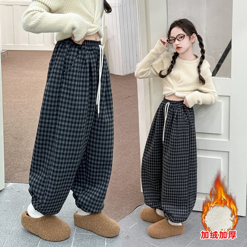 【加厚羔羔绒】女童男童加绒格子裤冬装中大童休闲束脚裤洋气灯笼裤