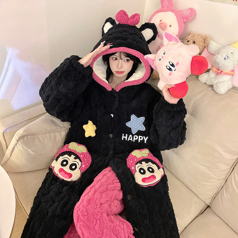 冬季新款夹棉卡通甜美风珊瑚绒睡衣女加绒加厚舒适家居服可外穿