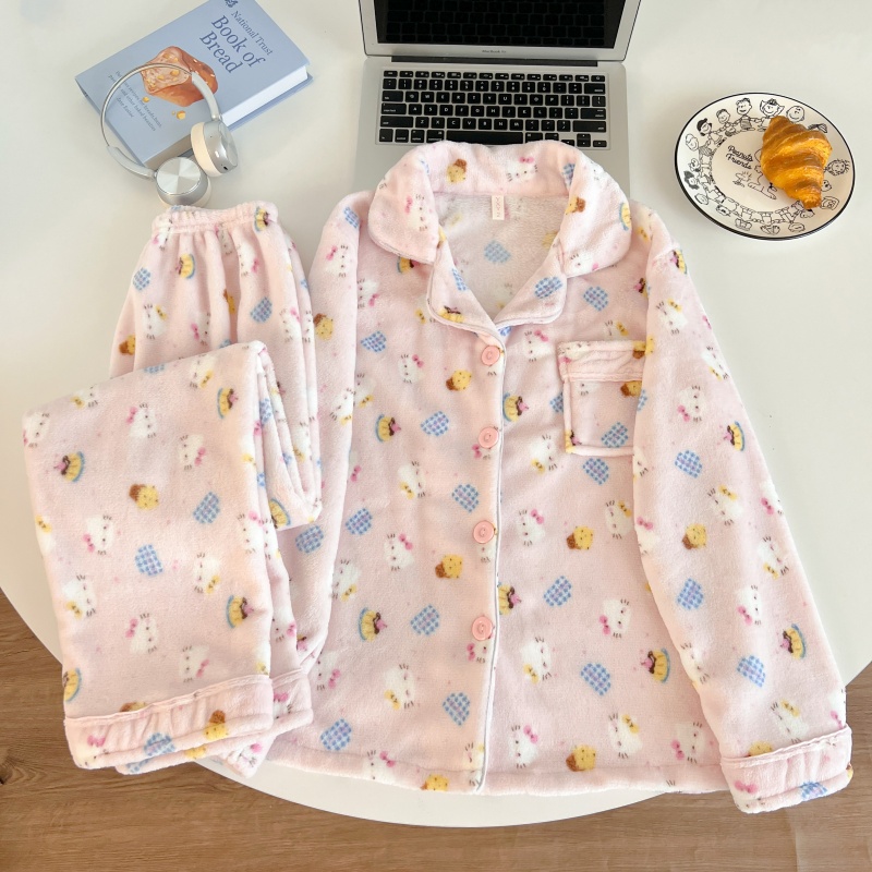 2025新款秋冬季日系卡通可外穿开衫睡衣少女保暖法兰绒套装家居服