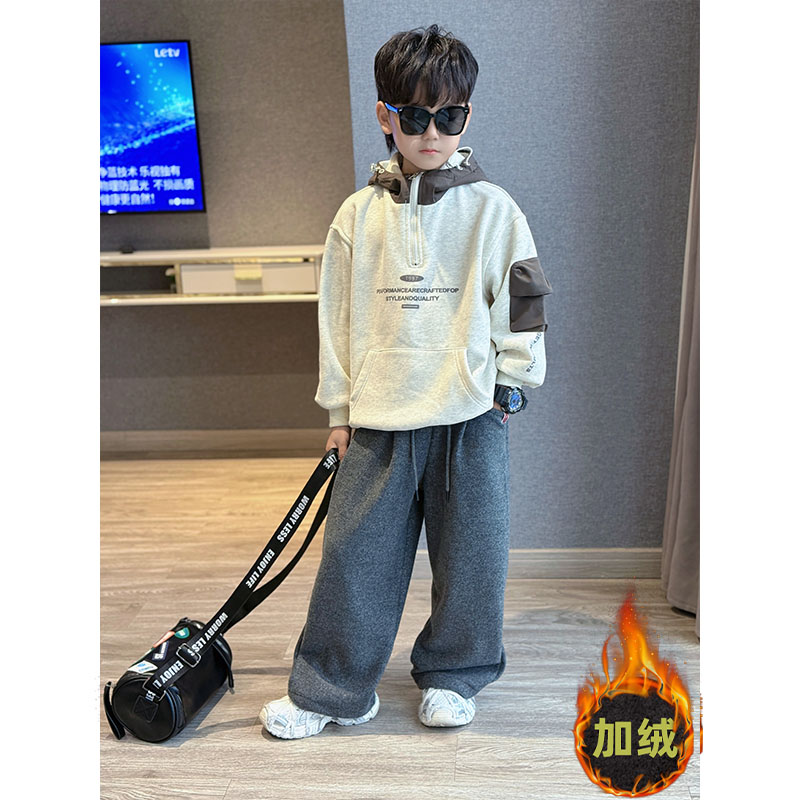 男童冬季休闲新款个性撞色百搭连帽字母印花半拉链加绒卫衣阔腿裤