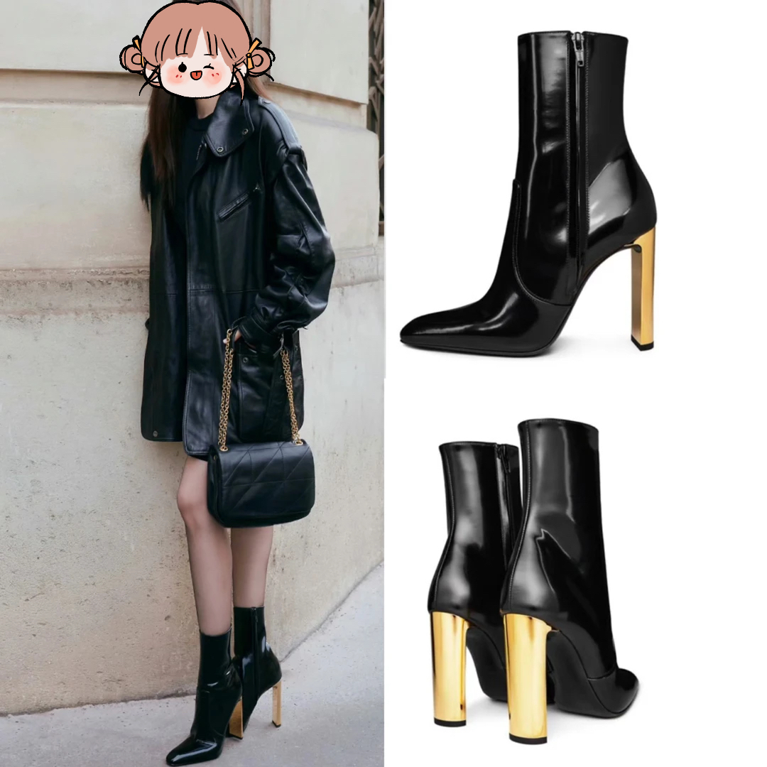 短靴女2025年秋冬新款金属高跟鞋粗跟方头踝靴瘦瘦靴子黑色漆皮靴